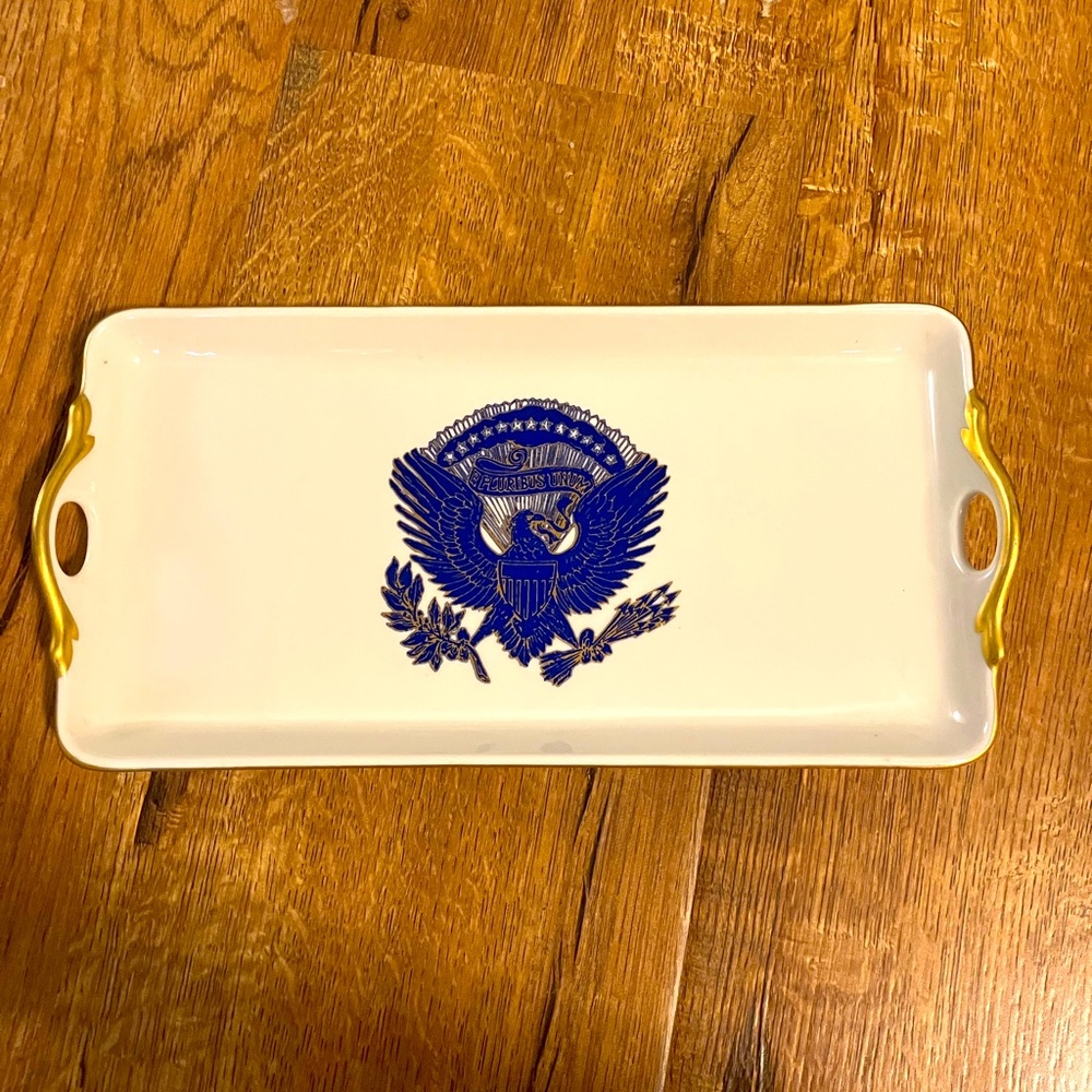 MCLAUGHLIN GLAZEWARE Hand Painted Pickard Gold Handled Desk Tray / DOS in Gold